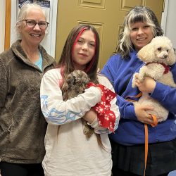 Three women stand indoors, each holding a small dog, posing for a photo in front of a tan door.