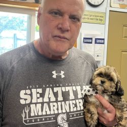 A man in a Seattle Mariners shirt holds a small fluffy puppy with a paw-print bandana in an indoor setting.