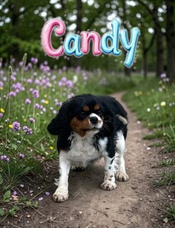 A black, white, and brown dog stands on a dirt path lined with wildflowers, with "Candy" written above in colorful letters.